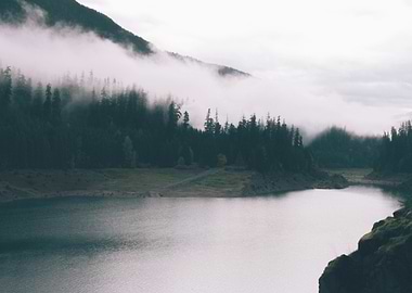 Foggy Mountains at Lake