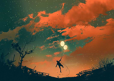 man flying with balloon