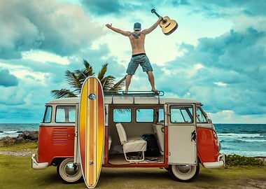 Musician in a classic car