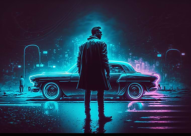 Neon Old Car and Man
