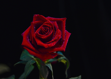 Bright red rose with drops