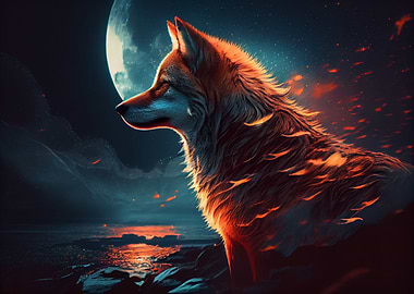 Colorful wolf and moon
