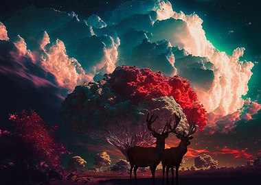 deer and iridescent clouds