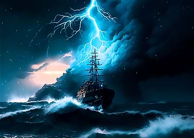 Ship in Storm Ocean