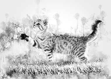 Kitten and flower BW