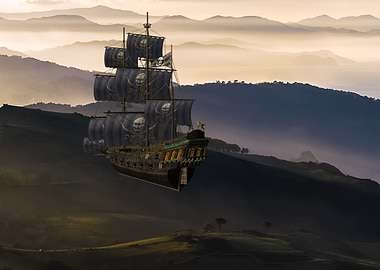 Fantasy sailboat and hills