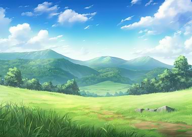 Grass Field with Mountains