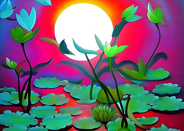 Lily pads and a full moon