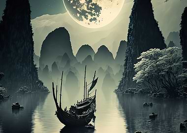 boat moon landscape