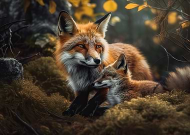 Female fox and her fox cub