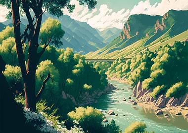 Forest at Lake by Mountain