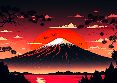 Red Sunset over Mount Fuji