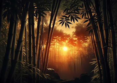 Sunset over bamboo forest