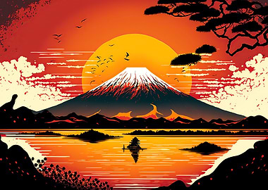 Red Sunset over Mount Fuji