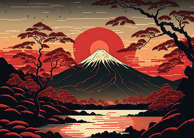 Red Sunset over Mount Fuji