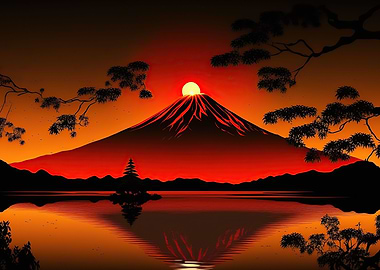Red Sunset over Mount Fuji