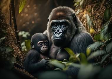 Gorilla leopard with cub