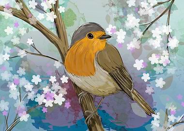 Robin in a blossom tree