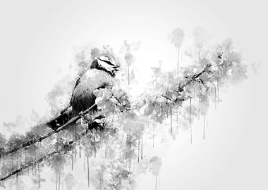 Bird with Flowers BW