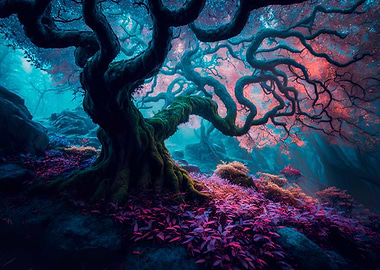 Mystical forest with fog