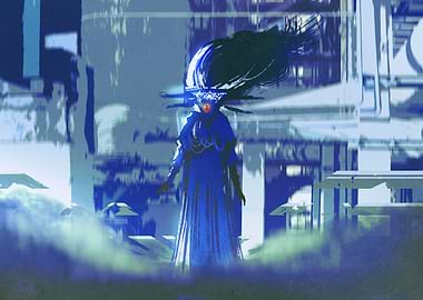 woman futuristic city