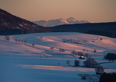 Sunset on the snowy alps