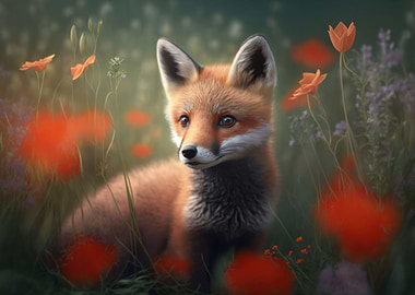 Red fox cubs in meadows