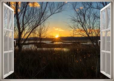 Window view lake sunset