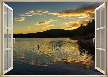 Window view lake sunset