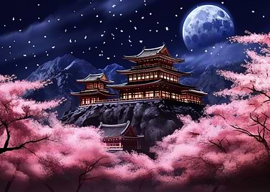 Japanese temple moonlight