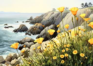 Poppies and ocean