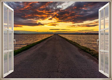 Window view sunset lake
