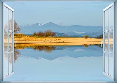 Window view calm lake