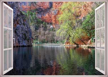 Window view calm lake