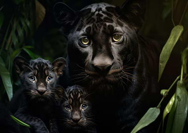 Black Panther With Cubs