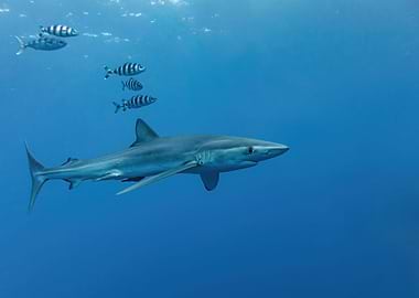 Blue Shark With Pilot Fish