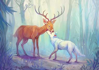 Wolf and Deer cute love