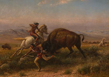 Bison Charging Hunters