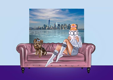 Girl on sofa with puppy