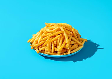 French fries on blue table