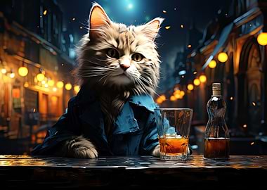 Funny Cat at Cafe at Night