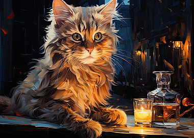 Cat at Cafe at Night