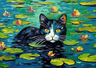Black Cat in Waterlilies