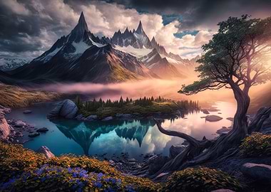 mountain valley with lake