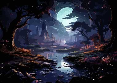 Moonlit Anime River Scene