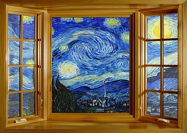 Starry Night Window Wooden