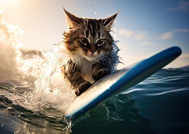 Cat surfing the ocean
