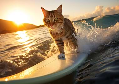 Cat surfing the ocean