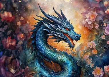 Blue dragon in flowers