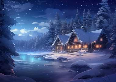Winter Cabin on a Lake